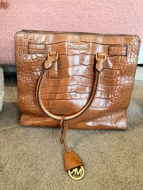 Michael Kors Tan Croc-Embossed Leather Tote with Gold Hardware